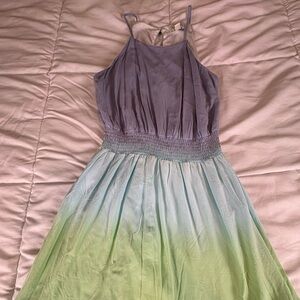 She & Sky Ombre Purple Green Halter Midi Dress Women’s Small Smocked Waist